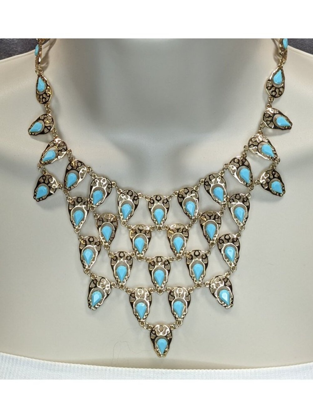 Teardrop Statement Bib Necklace Faux Gems Turquoise Gold Tone Bohemian Jewelry